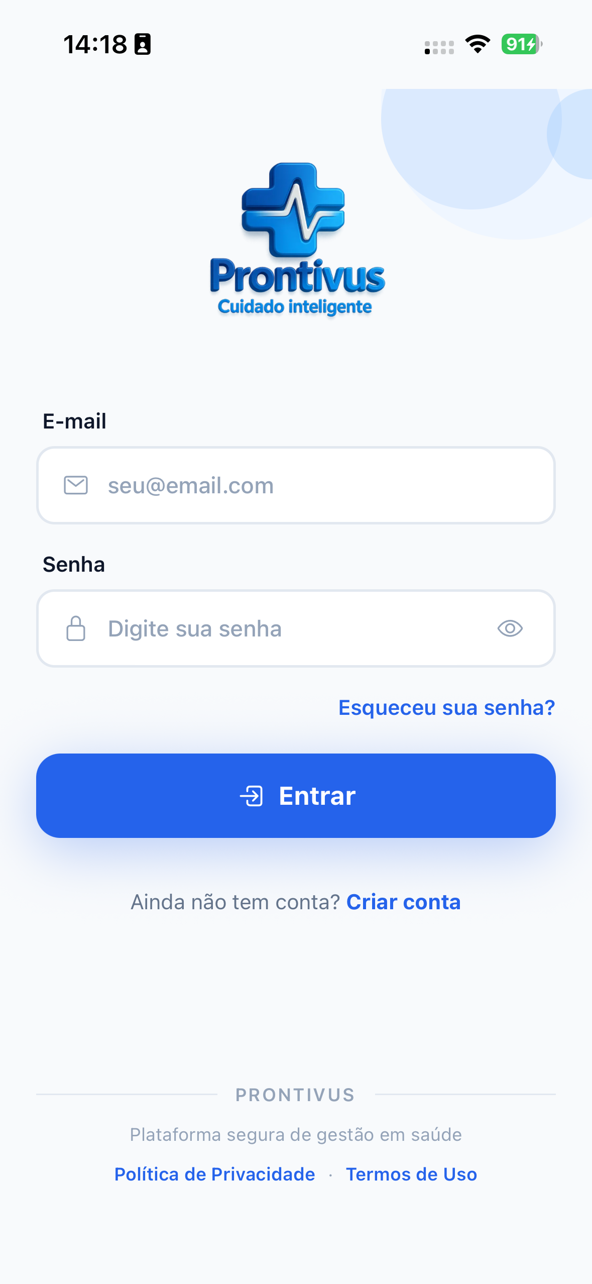Tela de login do Prontivus — app do paciente